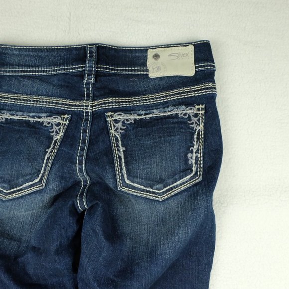 Size 27 Silver Suki Womens Blue Jeans Distressed Bootcut Stone Wash - Picture 6 of 14
